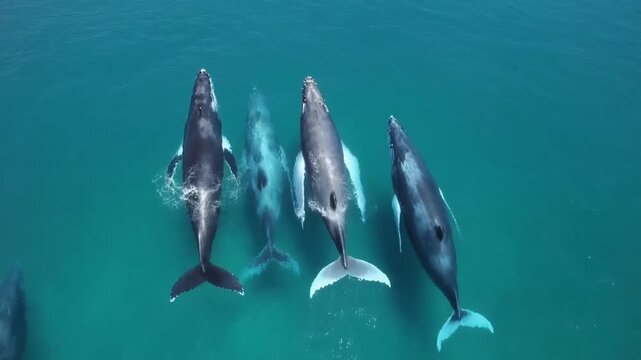 Pod of Dolphins Swimming Together in Clear Ocean Waters.