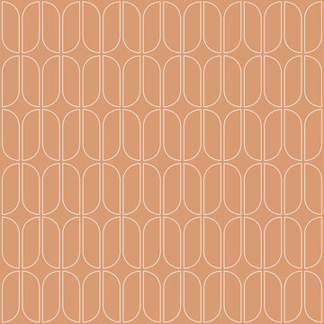 Minimal abstract wallpaper in warm terracotta and white tones. Interior decor, textiles, branding backgrounds, and packaging. Geometric pattern with repeating rounded arch fine lines. Vector