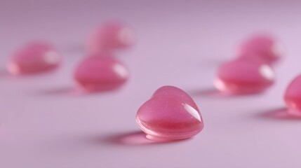 Shiny Pink Heart-Shaped Gel Candies on Soft Pink Background for Sweet Treats and Romantic Celebrations