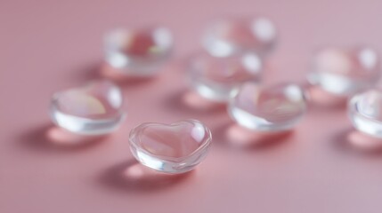 Heart-shaped translucent elements on soft pink background creating a dreamy romantic atmosphere perfect for Valentine&rsquo;s Day or love-themed content