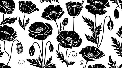 Elegant black and white poppy flower seamless pattern perfect for sophisticated textile or wallpaper design projects © Vectors Studio
