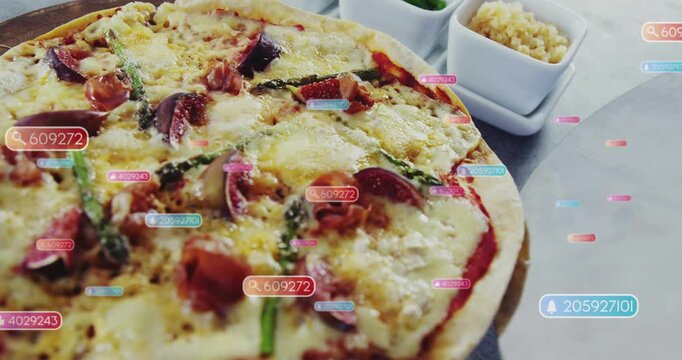 Camera shifting, AR labels appearing and drifting across pizza, identifying toppings for designers