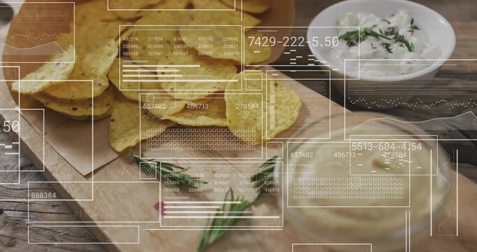 On start HUD overlays animating over tortilla chips and dips while camera zooming, showing metrics
