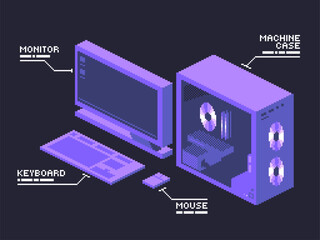 Contemporary Computer Build in Isometric View, Futuristic Interface, Pixel Art Style with Purple Tone Color