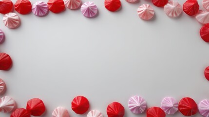 Colorful arrangement of red and pink candy shapes creating a festive border, perfect for adding sweetness to design projects related to celebrations and parties
