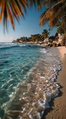 serene tropical beach scene with sharp sand and soft palm fringes