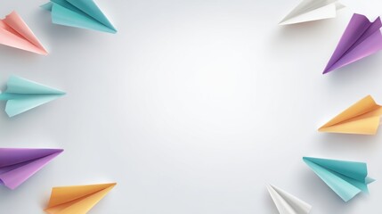 Colorful paper airplanes arranged in a circular pattern on a white background for creative concepts and inspiring themes in design and education