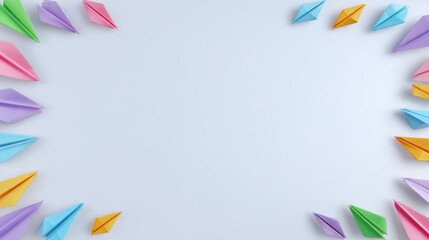 Obraz premium Colorful paper airplanes in various shades of pink, blue, purple, and orange arranged on a light background for dynamic and playful designs