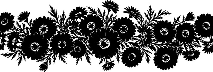 Stunning dense floral border design featuring detailed daisy silhouettes perfect for elegant wedding invitations or textile patterns
