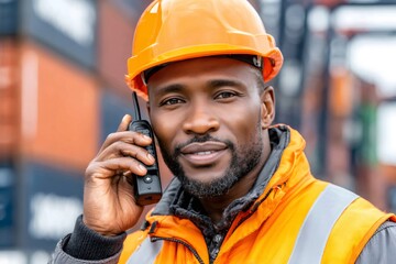 African american worker talking on radio communication at port
