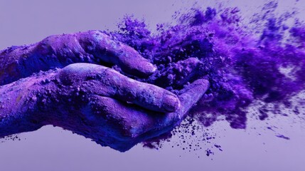 Hands releasing vibrant purple pigment in motion, epilepsy awareness, hope, support, and celebration of Purple Day
