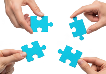 Four hands connecting blue puzzle pieces isolated on transparent background