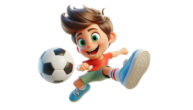 3d cartoon character of little boy playing soccer on transparent background