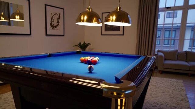 Pool table and billiard table awaits. Blue felt holds triangle rack and pool ball near cue ball. Pendant lamp hangs above table. Sofa and window frame living room. Calm indoor leisure atmosphere.