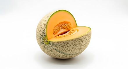 Freshly cut cantaloupe half showing vibrant orange flesh and seeds isolated on white background