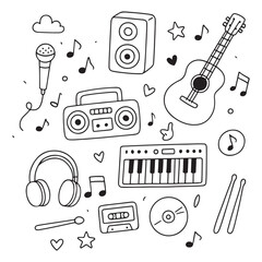 Collection of Musical Instruments and Audio Equipment Doodle Art.