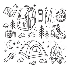Hand drawn camping and hiking essentials set with backpack tent campfire and outdoor gear.