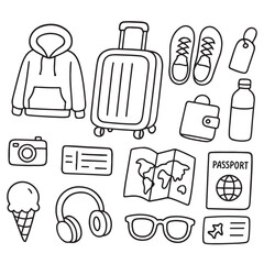 Travel Essentials Doodle Collection for Vacation Planning and Adventure.