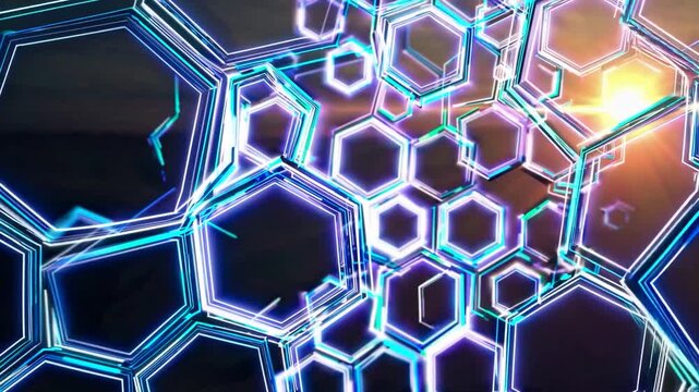 Hexagonal shapes glow with vibrant colors, creating a stunning visual display against a warm, radiant backdrop. Light beams filter through the design, emphasizing the captivating p