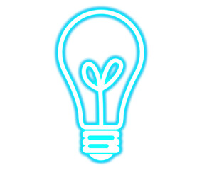 Glowing cyan neon light bulb icon with a heart shaped filament symbolizing love and bright ideas on transparent background