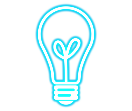 Glowing cyan neon light bulb icon with a heart shaped filament symbolizing love and bright ideas on transparent background - Powered by Adobe