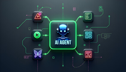 Futuristic AI agent interface with glowing green flowchart connections, colorful icons, and sleek robot design on dark gray gradient background