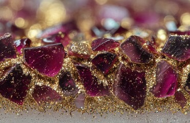 Burgundy glass shards and golden glitter abstract macro