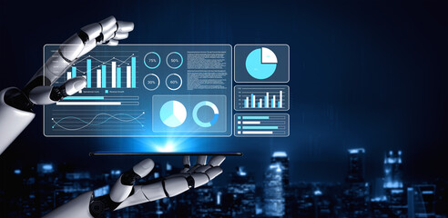A robotic hand showcases a digital tablet filled with financial analytics charts against a vibrant night skyline, symbolizing the fusion of technology and data analysis in modern business. Gantry