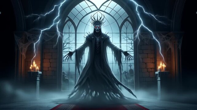 Eerie figure with red eyes in a dark, misty chamber