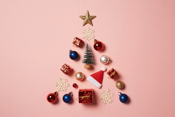 Festive christmas tree shape artfully arranged with assorted ornaments baubles gifts and a star on a soft pastel pink background celebrating the holiday season