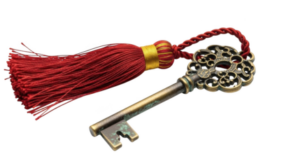 Ornate antique key with red and gold tassel on black background ornate key vintage key