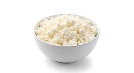 Delicious fresh white cottage cheese in a bowl, healthy dairy isolated on white background