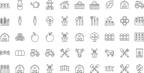 Farm agriculture icon set, line style farming symbols collection, rural food production, organic harvest, livestock, tools, nature elements