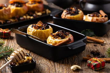 Whole baked apples. Christmas decoration. Top view, front view.