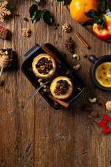 Whole baked apples. Christmas decoration. Top view, front view.