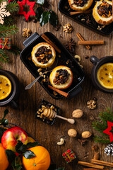 Whole baked apples. Christmas decoration. Top view, front view.