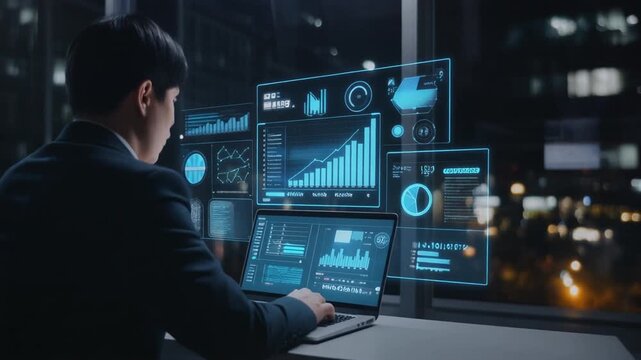 夜の高層オフィスで、スーツ姿の日本人ビジネスマンがAI分析画面を見つめている。
青く発光するホログラム状の売上グラフとデータが空間に浮かび上がる。