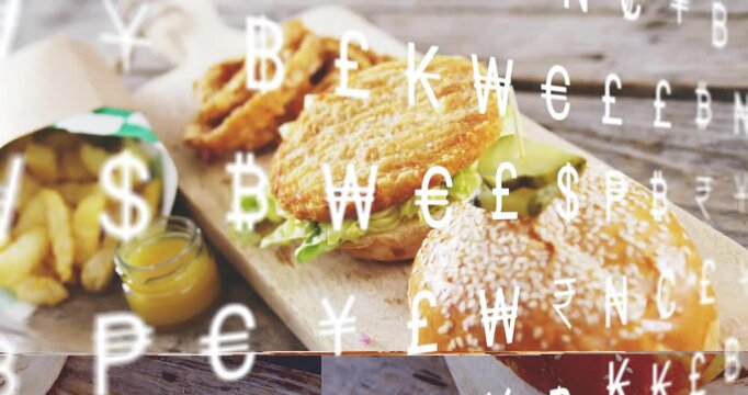 Glyph overlay drifting, revealing sesame bun, fries and jar, framing shifting to showcase product