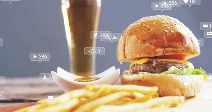 Frame opening causing social icons clustering around sesame burger and beer, raising engagement