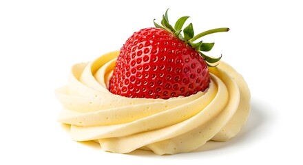 Fresh strawberry on creamy swirl of whipped dessert, isolated isolated on white background