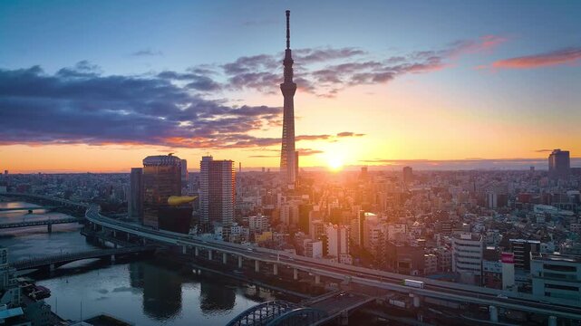 Tokyo sky tree, Tokyo city and Sumida river. Colorful morning scene of Japan, Asia. Traveling concept background.
