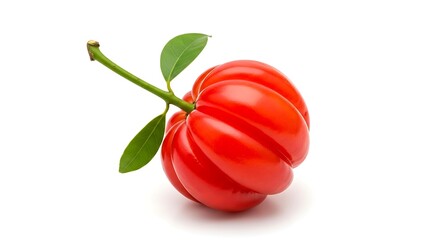 Fresh vibrant red garcinia cambogia fruit with leaves and stem. isolated on white background