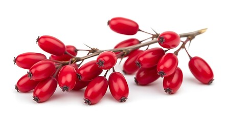 Vivid red barberry berries on thorny branch isolated on white isolated on white background
