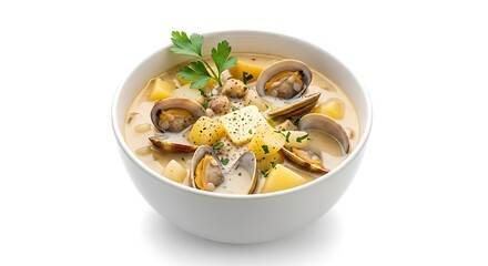 Creamy clam chowder with fresh parsley, potatoes in a white bowl. isolated on white background