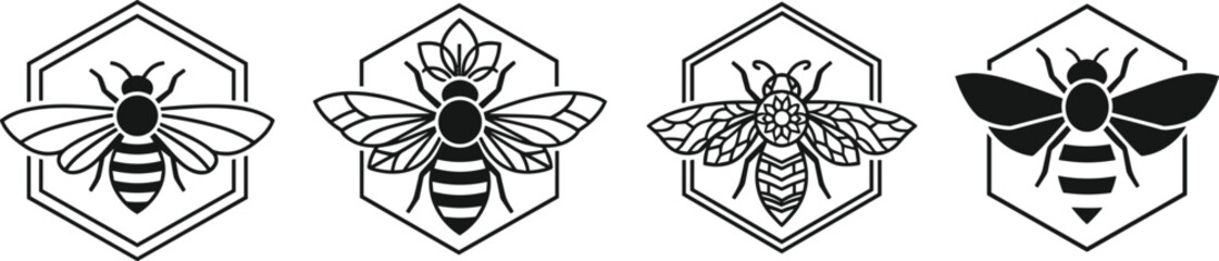 Four stylized black bee icons within hexagonal frames on a white background insect © Ambia Art
