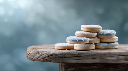 Iced Cookies Stacked on a Rustic Wooden Surface with a Soft Blue Background Creating a Cozy and Inviting Dessert Display for Special Occasions