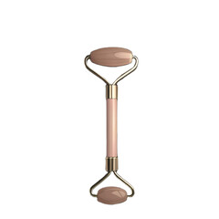 Rose quartz roller for facial massage, featuring transparent background that highlights its elegant design and smooth surface