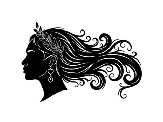 Silhouette of a woman's profile with flowing hair adorned with a laurel wreath and earrings.