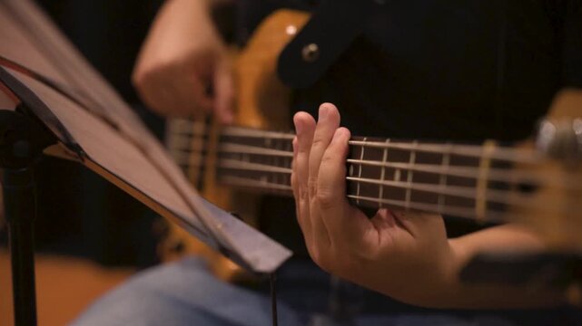 Close up musician playing bass in reheasal studio
