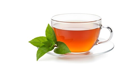 Freshly brewed tea in glass cup with green tea leaves on white isolated on white background